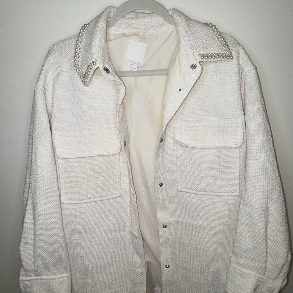 H&M Women Cream Jacket with Pearl Details